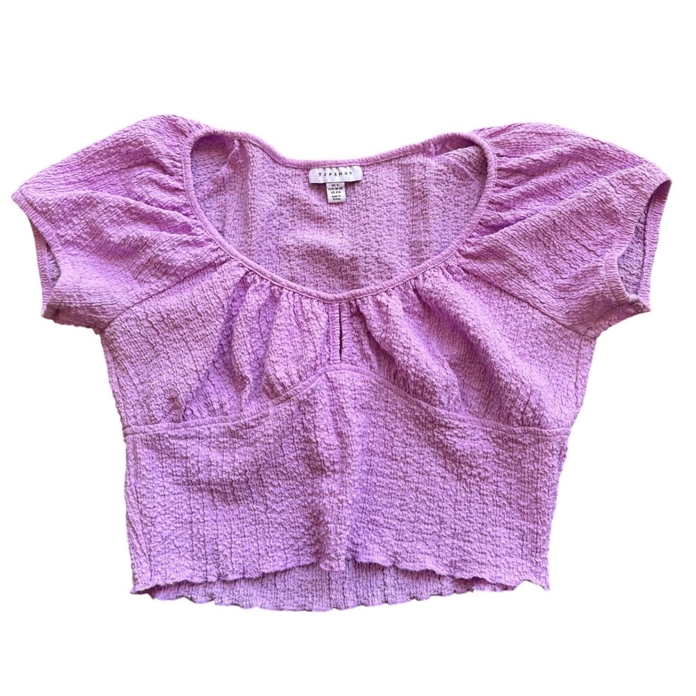 Topshop Lavender Purple Seersucker Smocked Crop Top Short Sleeve US 4 US 6